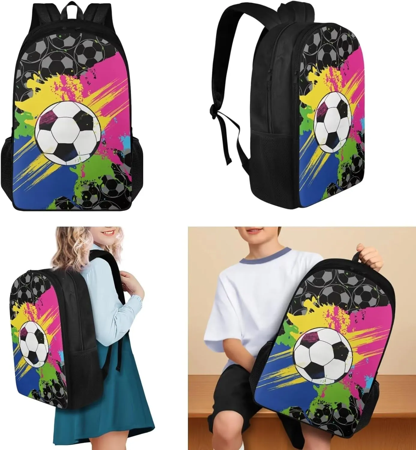Colorful Football Kids Backpacks Boys Student Children 3Pcs Bookbag Set with Lunch Box Pencil Case 17 inch Cool School Bag for Teens 6-8 Years Old Primary Elementary Middle School