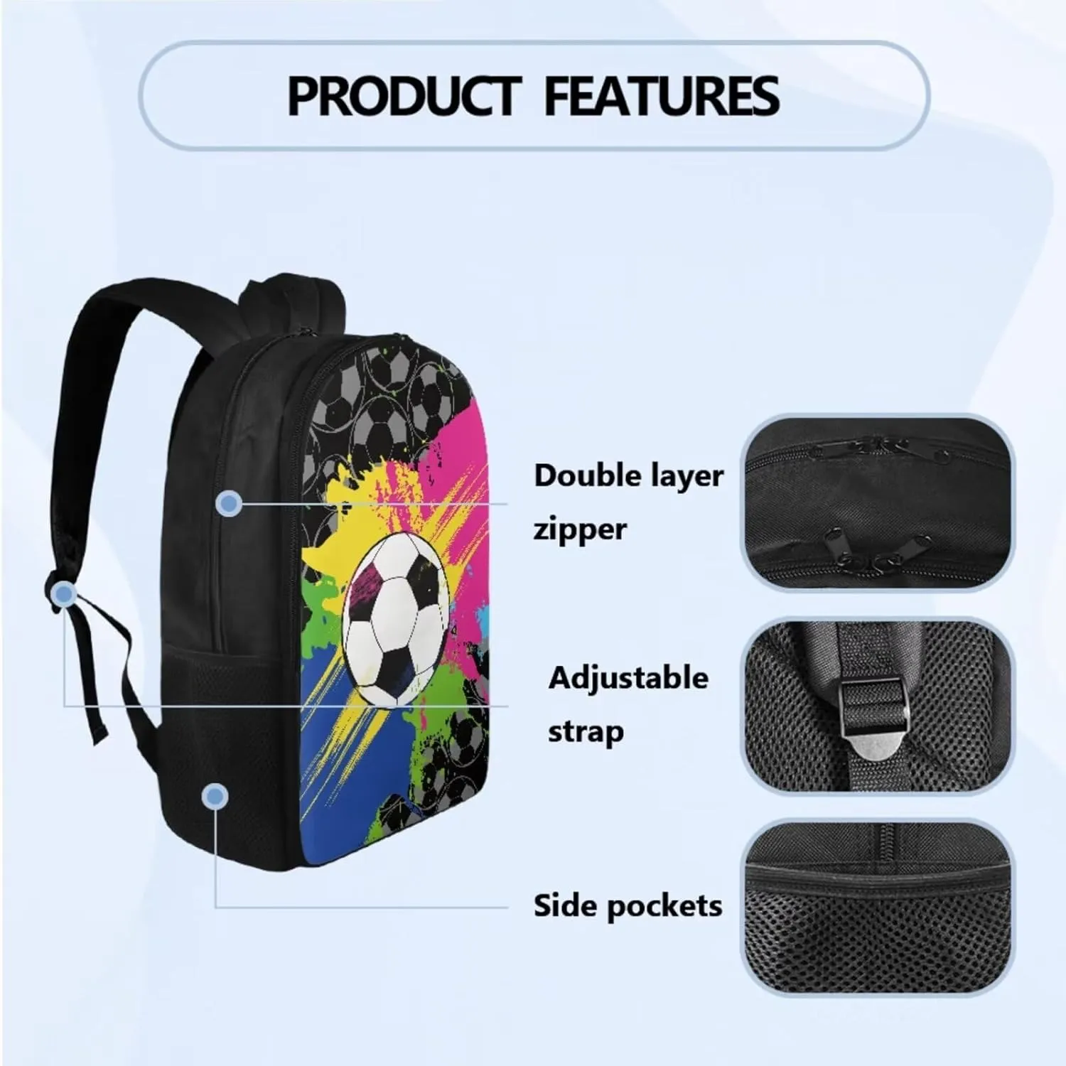 Colorful Football Kids Backpacks Boys Student Children 3Pcs Bookbag Set with Lunch Box Pencil Case 17 inch Cool School Bag for Teens 6-8 Years Old Primary Elementary Middle School