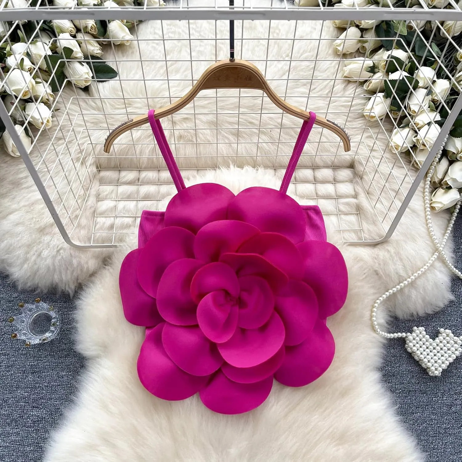 CORIRESHA Women's Summer 3D Flower Tank Top Spaghetti Strap Beach Vacation Cute Camisole