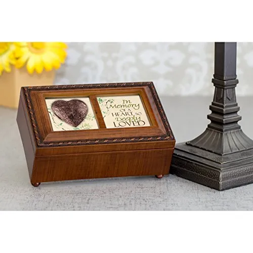 Cottage Garden in Memory of a Heart So Deeply Loved Woodgrain Rope Trim Jewelry Music Box Plays Amazing Grace