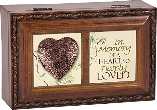 Cottage Garden in Memory of a Heart So Deeply Loved Woodgrain Rope Trim Jewelry Music Box Plays Amazing Grace