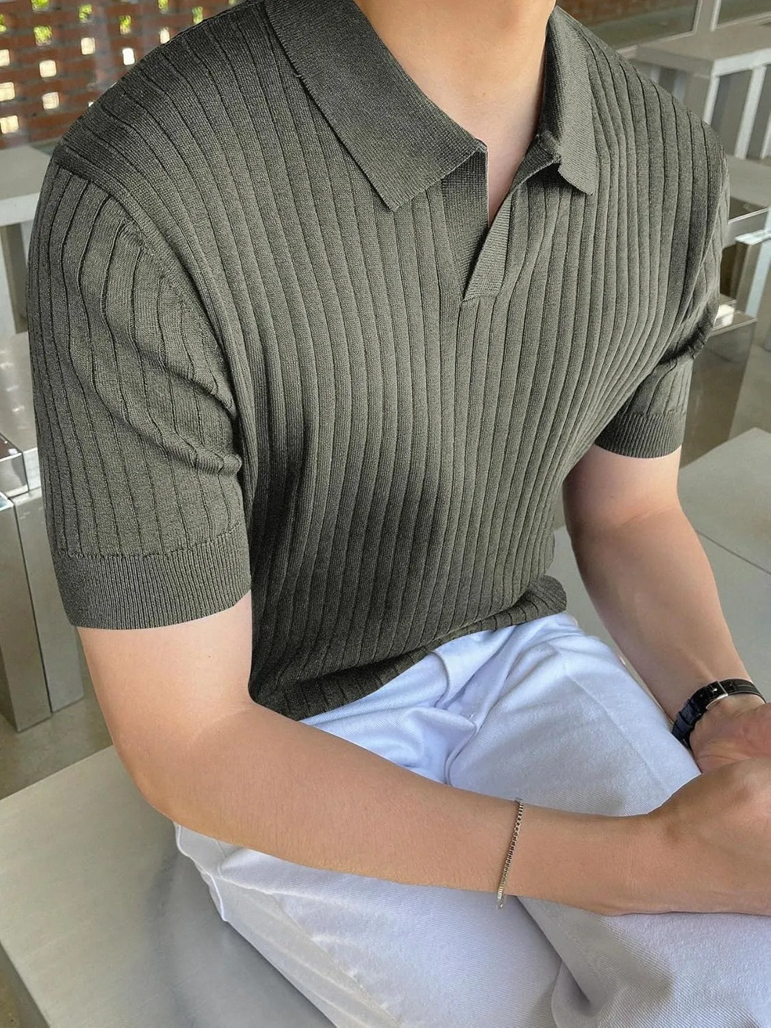 COZYEASE Men's Ribbed Knit Top V Neck Short Sleeve T Shirt Casual Plain Solid Tees Top Shirt