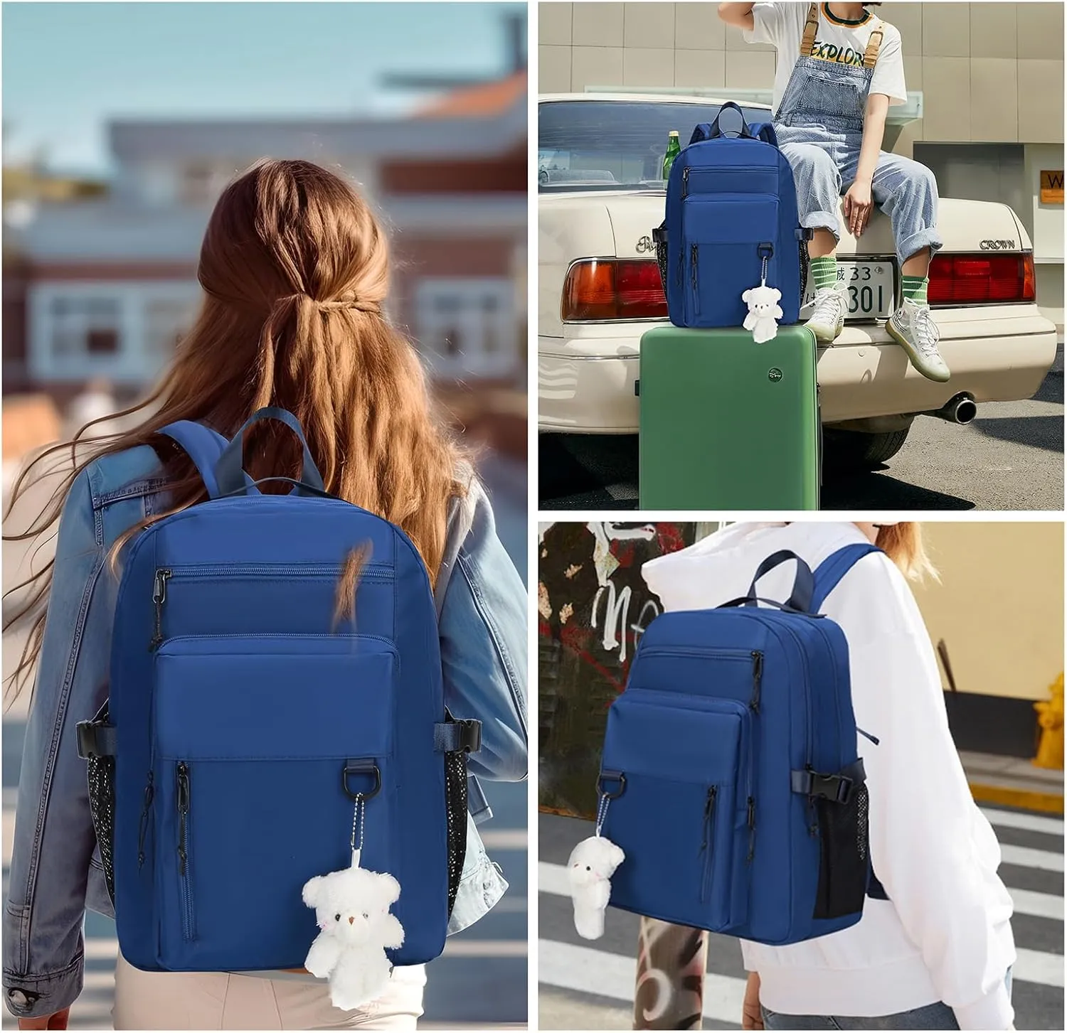 Cute Backpack for School Middle College, Aesthetic Backpack for Teens Girls Women, Kawaii Bookbag With Pins and Pendent (Blue)