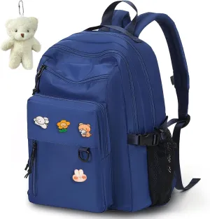 Cute Backpack for School Middle College, Aesthetic Backpack for Teens Girls Women, Kawaii Bookbag With Pins and Pendent (Blue)