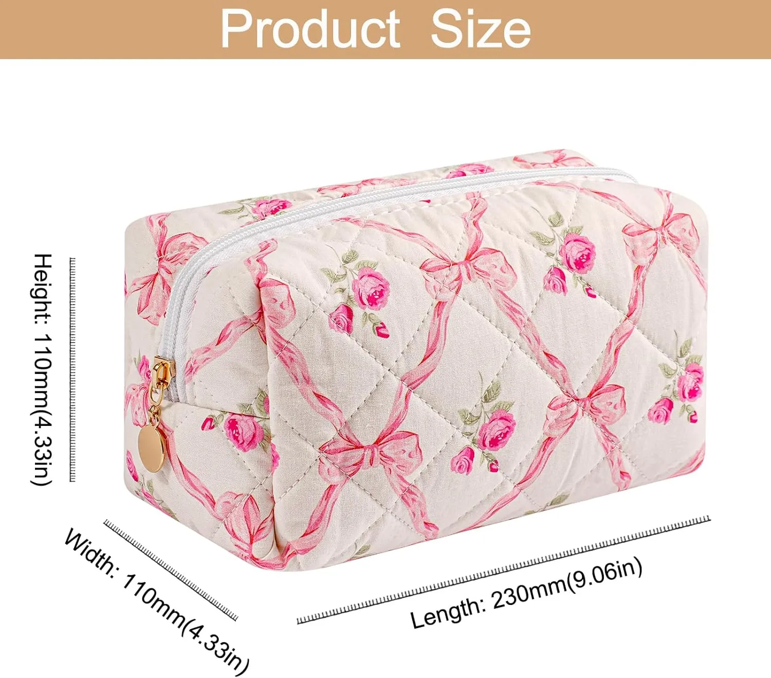 Cute Floral Cotton Makeup Bag, Quilted Makeup Bag for Women Girls, Travel Floral Cosmetic Bag Zipper Make Up Pouch, Flowers Toiletry Organizer Bag (Big Red Bowknot)
