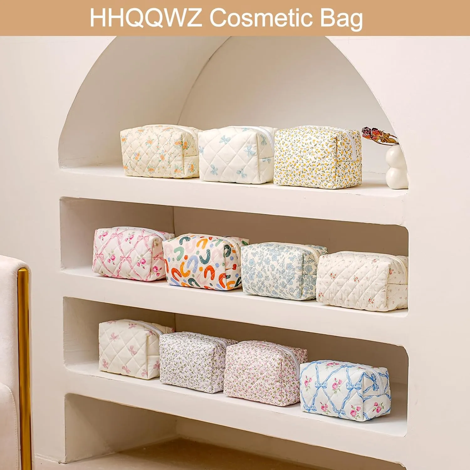 Cute Floral Cotton Makeup Bag, Quilted Makeup Bag for Women Girls, Travel Floral Cosmetic Bag Zipper Make Up Pouch, Flowers Toiletry Organizer Bag (Big Red Bowknot)