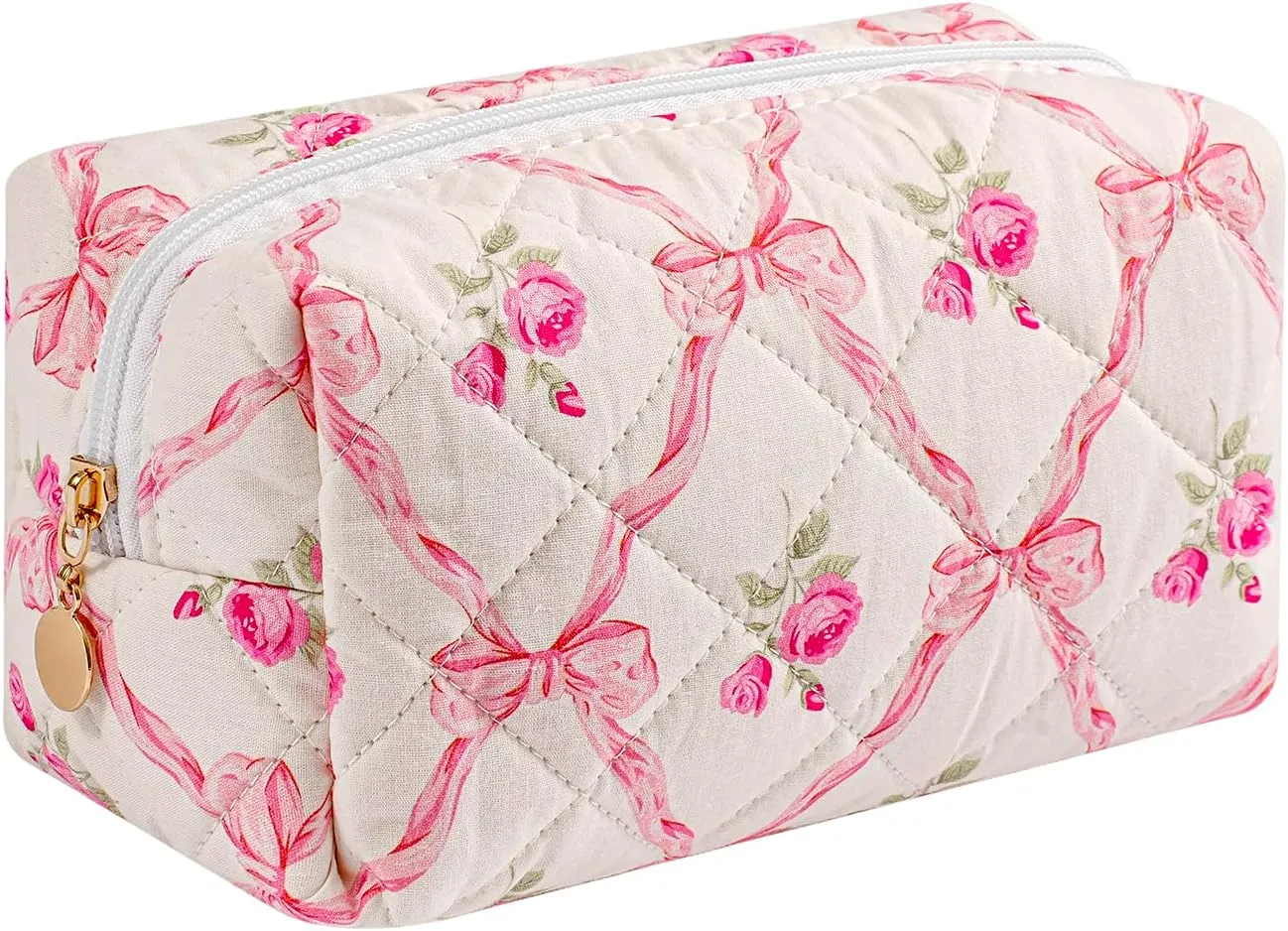 Cute Floral Cotton Makeup Bag, Quilted Makeup Bag for Women Girls, Travel Floral Cosmetic Bag Zipper Make Up Pouch, Flowers Toiletry Organizer Bag (Big Red Bowknot)