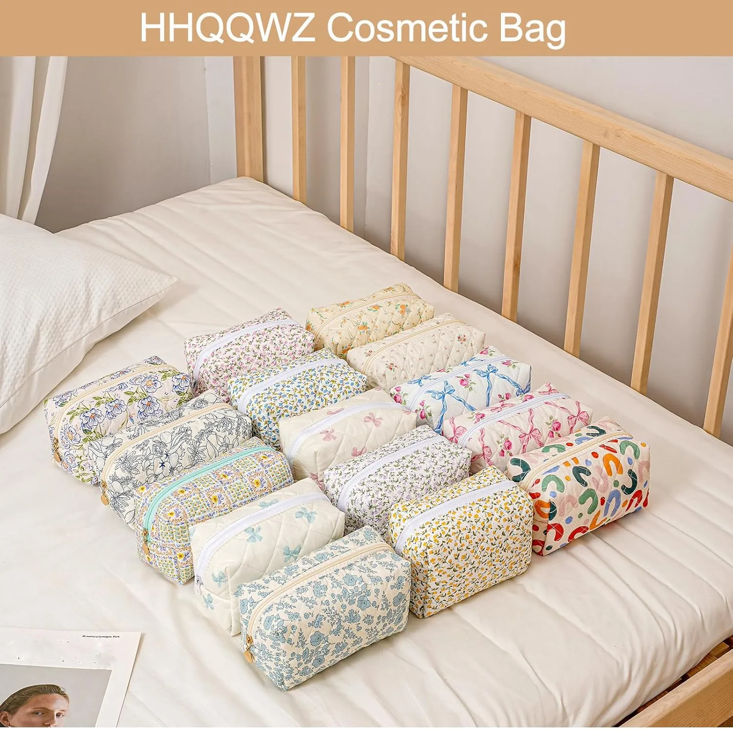 Cute Floral Cotton Makeup Bag, Quilted Makeup Bag for Women Girls, Travel Floral Cosmetic Bag Zipper Make Up Pouch, Flowers Toiletry Organizer Bag (Big Red Bowknot)