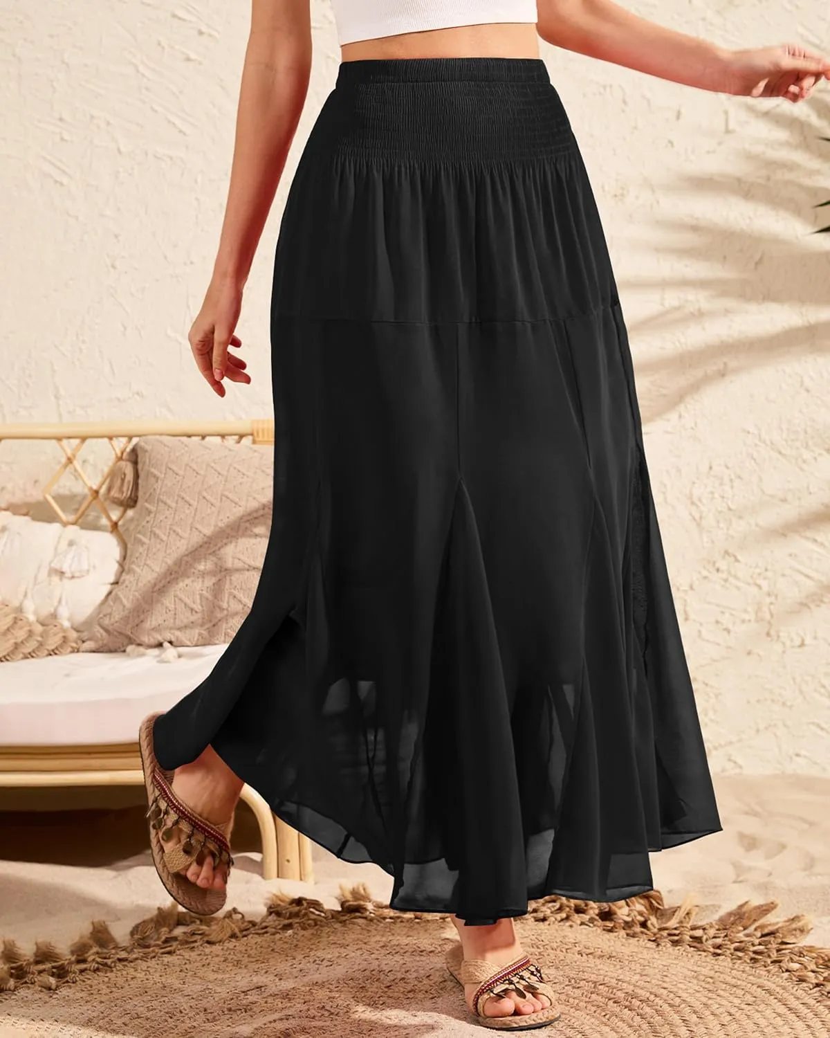 CYiNu Womens Long Maxi Skirt Chiffon Elastic High Waist Tiered Pleated Floral Printed A-Line Boho Long Skirts for Women
