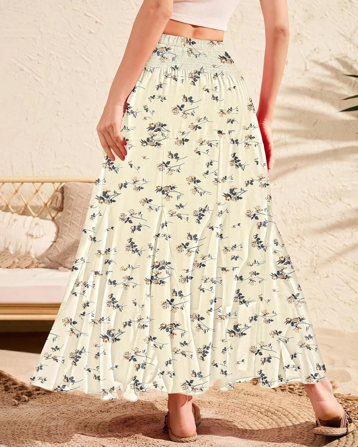 CYiNu Womens Long Maxi Skirt Chiffon Elastic High Waist Tiered Pleated Floral Printed A-Line Boho Long Skirts for Women