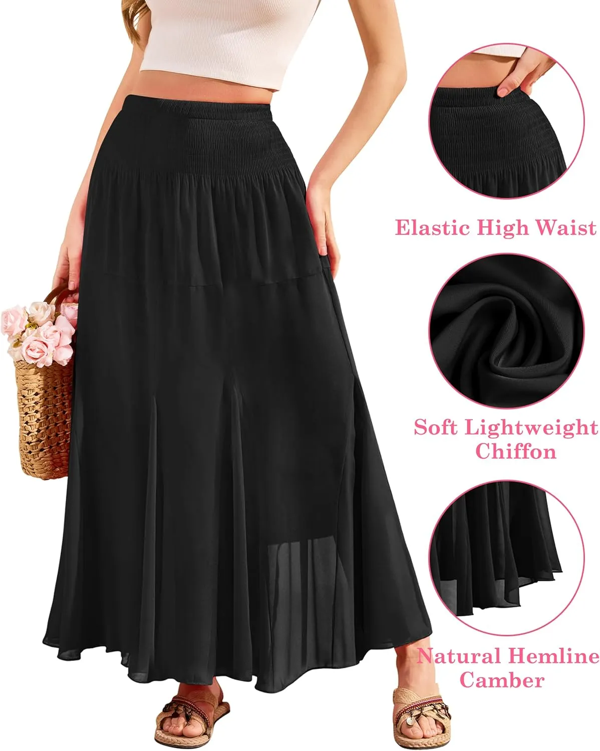 CYiNu Womens Long Maxi Skirt Chiffon Elastic High Waist Tiered Pleated Floral Printed A-Line Boho Long Skirts for Women