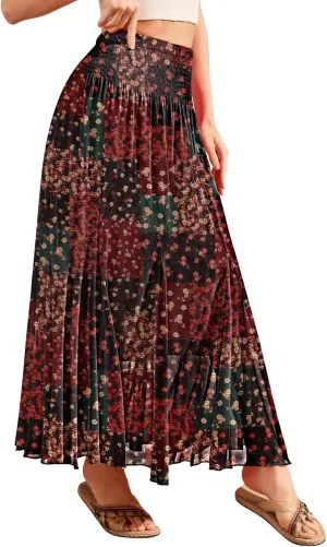 CYiNu Womens Long Maxi Skirt Chiffon Elastic High Waist Tiered Pleated Floral Printed A-Line Boho Long Skirts for Women