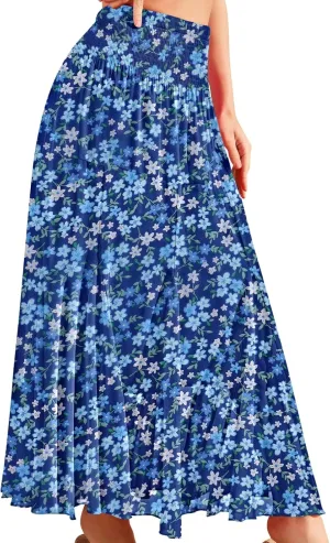 CYiNu Womens Long Maxi Skirt Chiffon Elastic High Waist Tiered Pleated Floral Printed A-Line Boho Long Skirts for Women