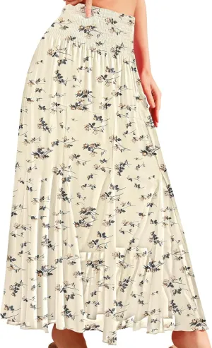 CYiNu Womens Long Maxi Skirt Chiffon Elastic High Waist Tiered Pleated Floral Printed A-Line Boho Long Skirts for Women