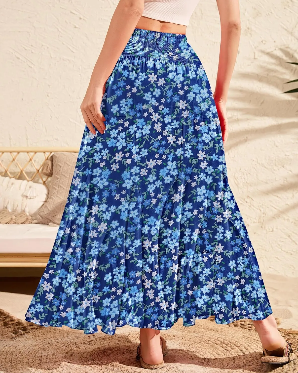 CYiNu Womens Long Maxi Skirt Chiffon Elastic High Waist Tiered Pleated Floral Printed A-Line Boho Long Skirts for Women