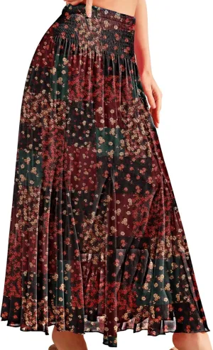 CYiNu Womens Long Maxi Skirt Chiffon Elastic High Waist Tiered Pleated Floral Printed A-Line Boho Long Skirts for Women