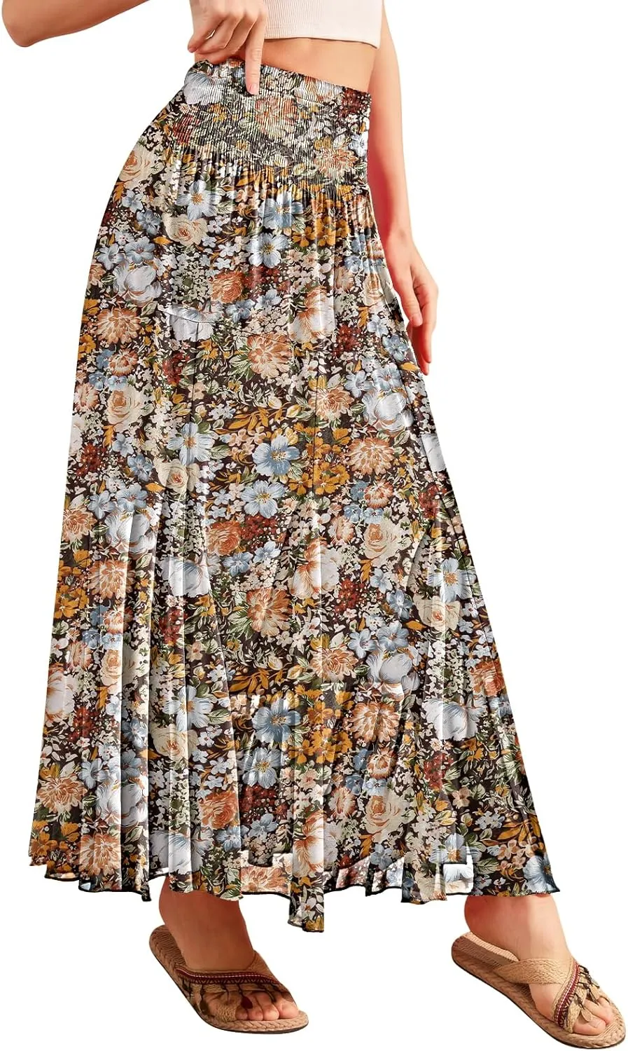 CYiNu Womens Long Maxi Skirt Chiffon Elastic High Waist Tiered Pleated Floral Printed A-Line Boho Long Skirts for Women