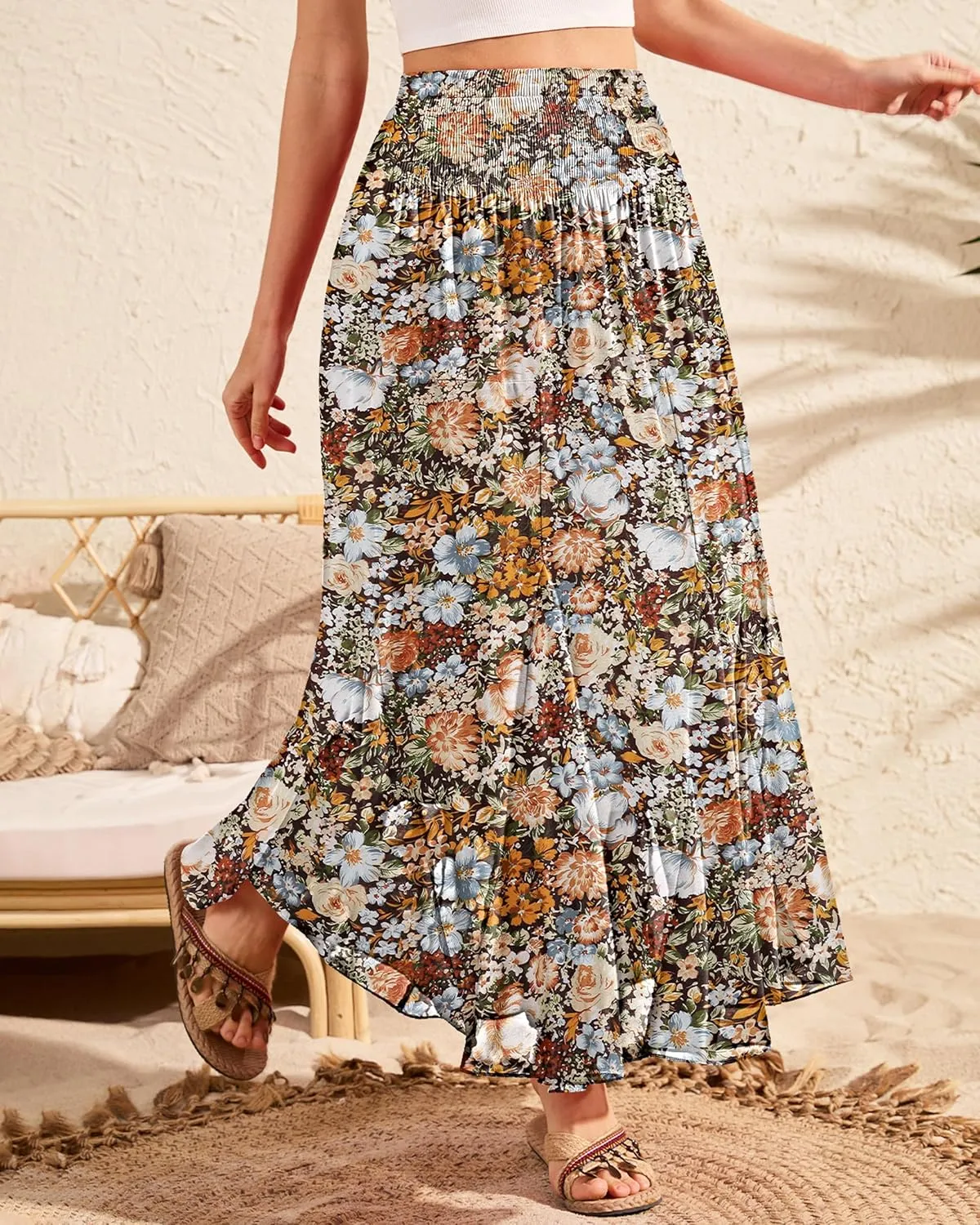 CYiNu Womens Long Maxi Skirt Chiffon Elastic High Waist Tiered Pleated Floral Printed A-Line Boho Long Skirts for Women