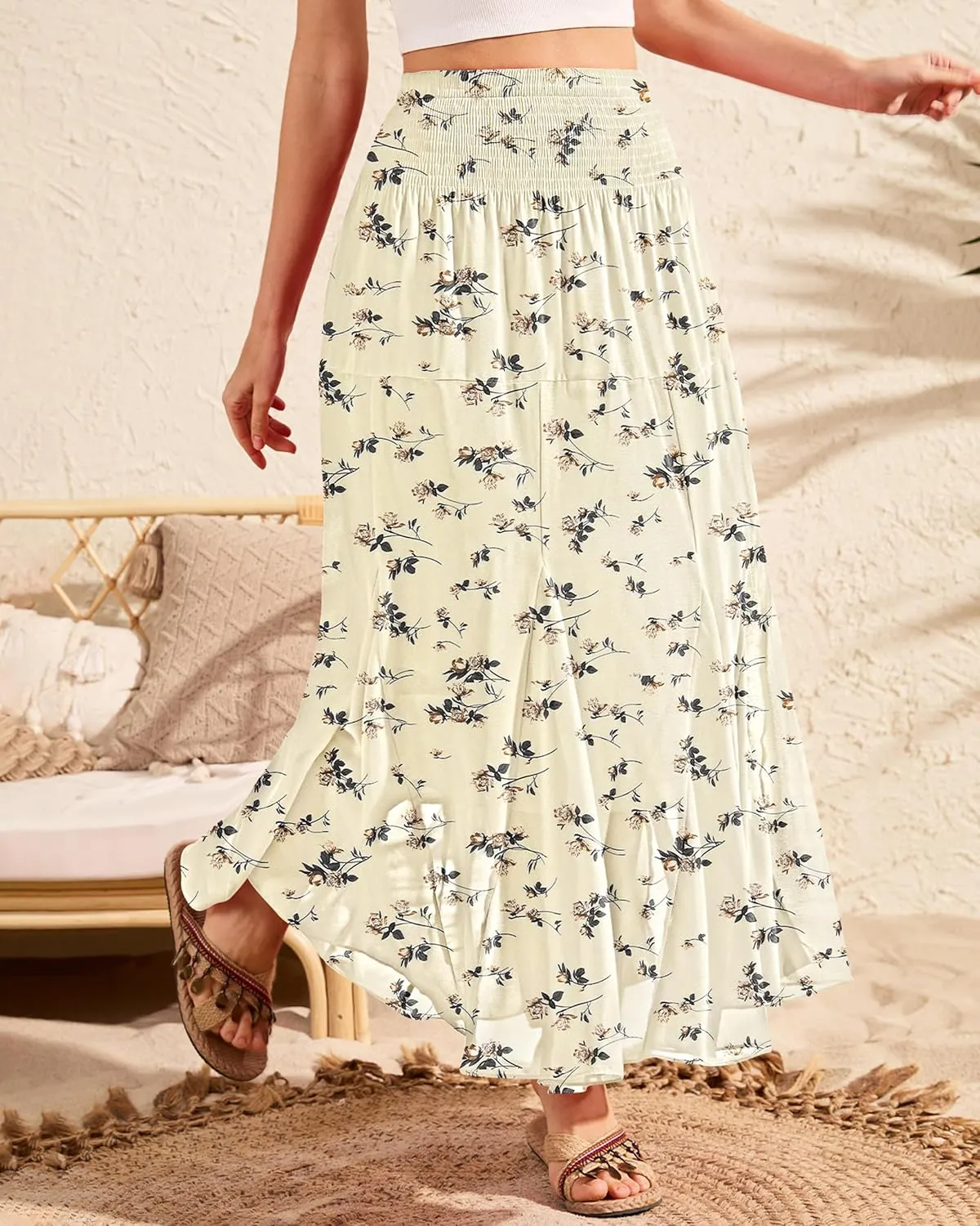 CYiNu Womens Long Maxi Skirt Chiffon Elastic High Waist Tiered Pleated Floral Printed A-Line Boho Long Skirts for Women