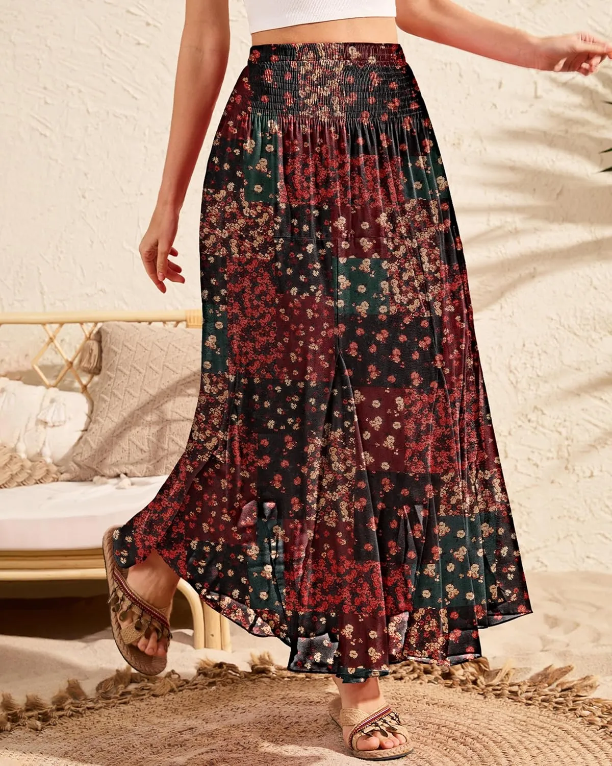 CYiNu Womens Long Maxi Skirt Chiffon Elastic High Waist Tiered Pleated Floral Printed A-Line Boho Long Skirts for Women