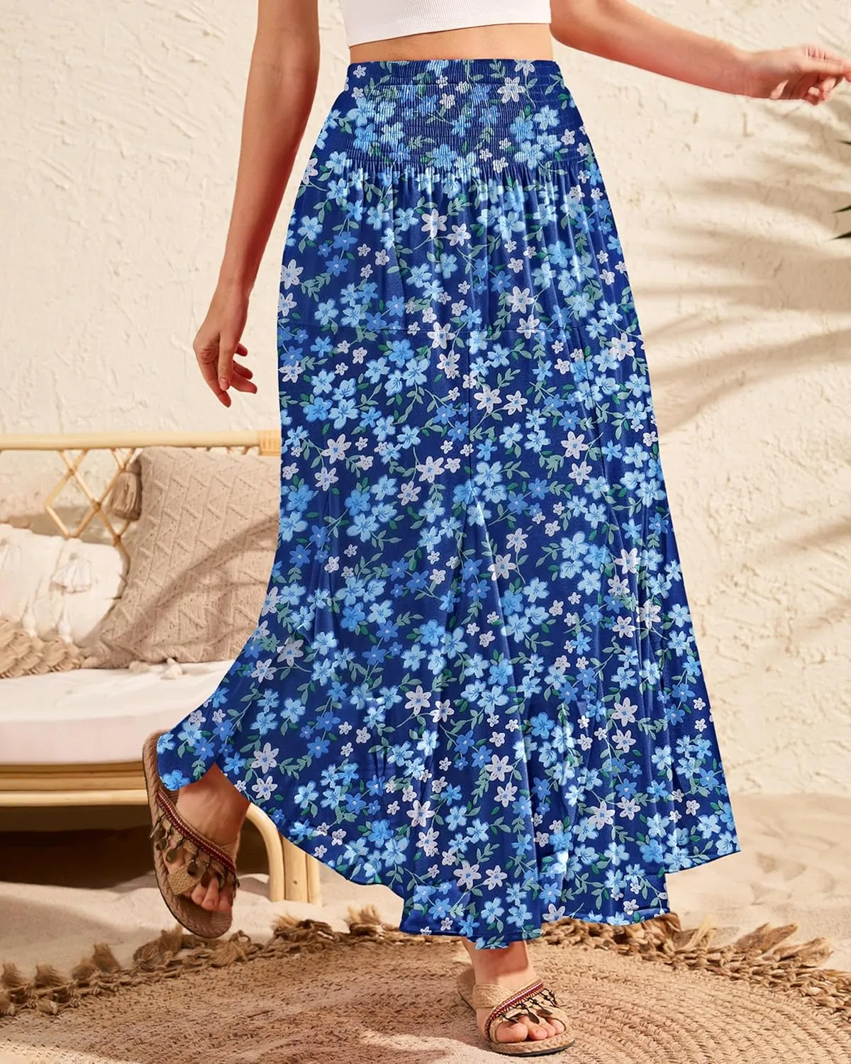 CYiNu Womens Long Maxi Skirt Chiffon Elastic High Waist Tiered Pleated Floral Printed A-Line Boho Long Skirts for Women