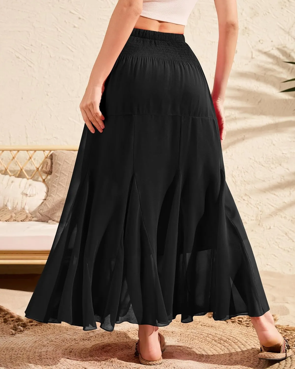 CYiNu Womens Long Maxi Skirt Chiffon Elastic High Waist Tiered Pleated Floral Printed A-Line Boho Long Skirts for Women