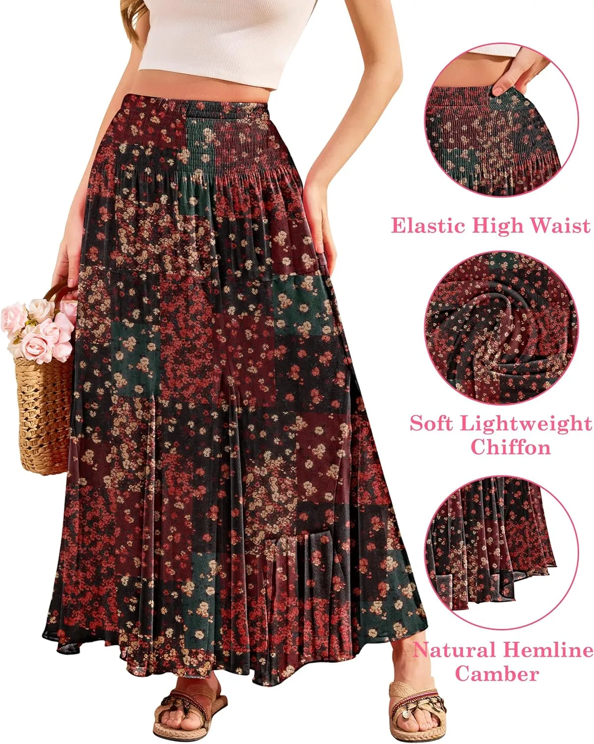 CYiNu Womens Long Maxi Skirt Chiffon Elastic High Waist Tiered Pleated Floral Printed A-Line Boho Long Skirts for Women