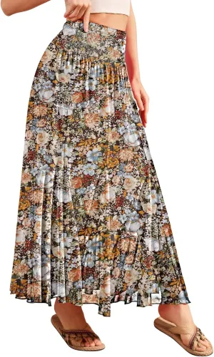 CYiNu Womens Long Maxi Skirt Chiffon Elastic High Waist Tiered Pleated Floral Printed A-Line Boho Long Skirts for Women