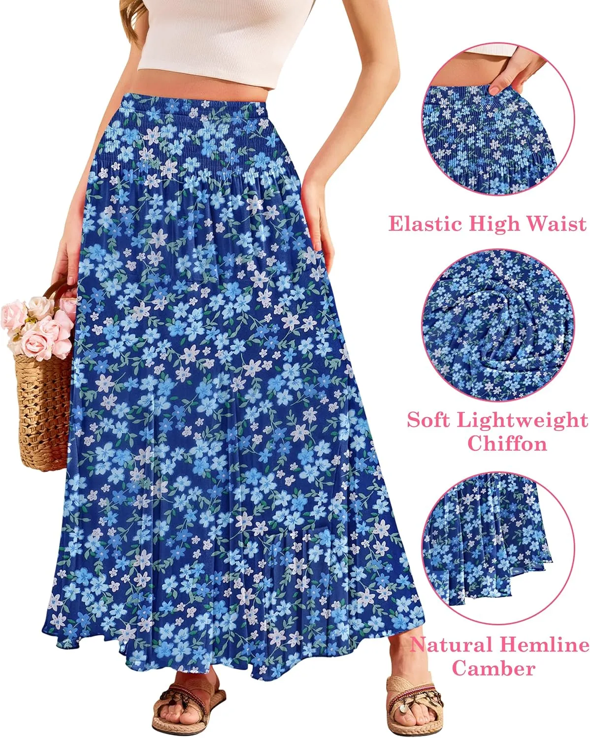 CYiNu Womens Long Maxi Skirt Chiffon Elastic High Waist Tiered Pleated Floral Printed A-Line Boho Long Skirts for Women
