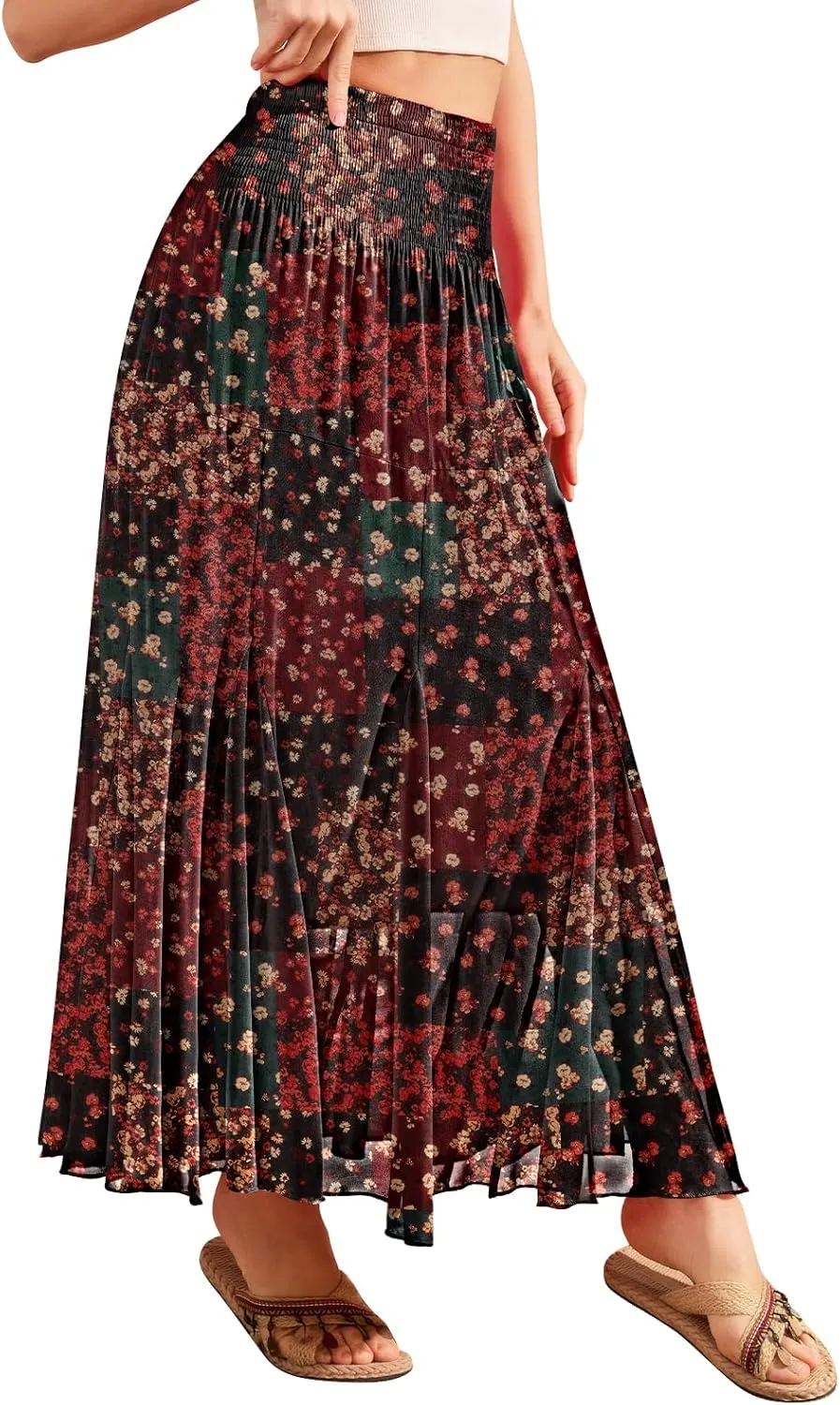 CYiNu Womens Long Maxi Skirt Chiffon Elastic High Waist Tiered Pleated Floral Printed A-Line Boho Long Skirts for Women