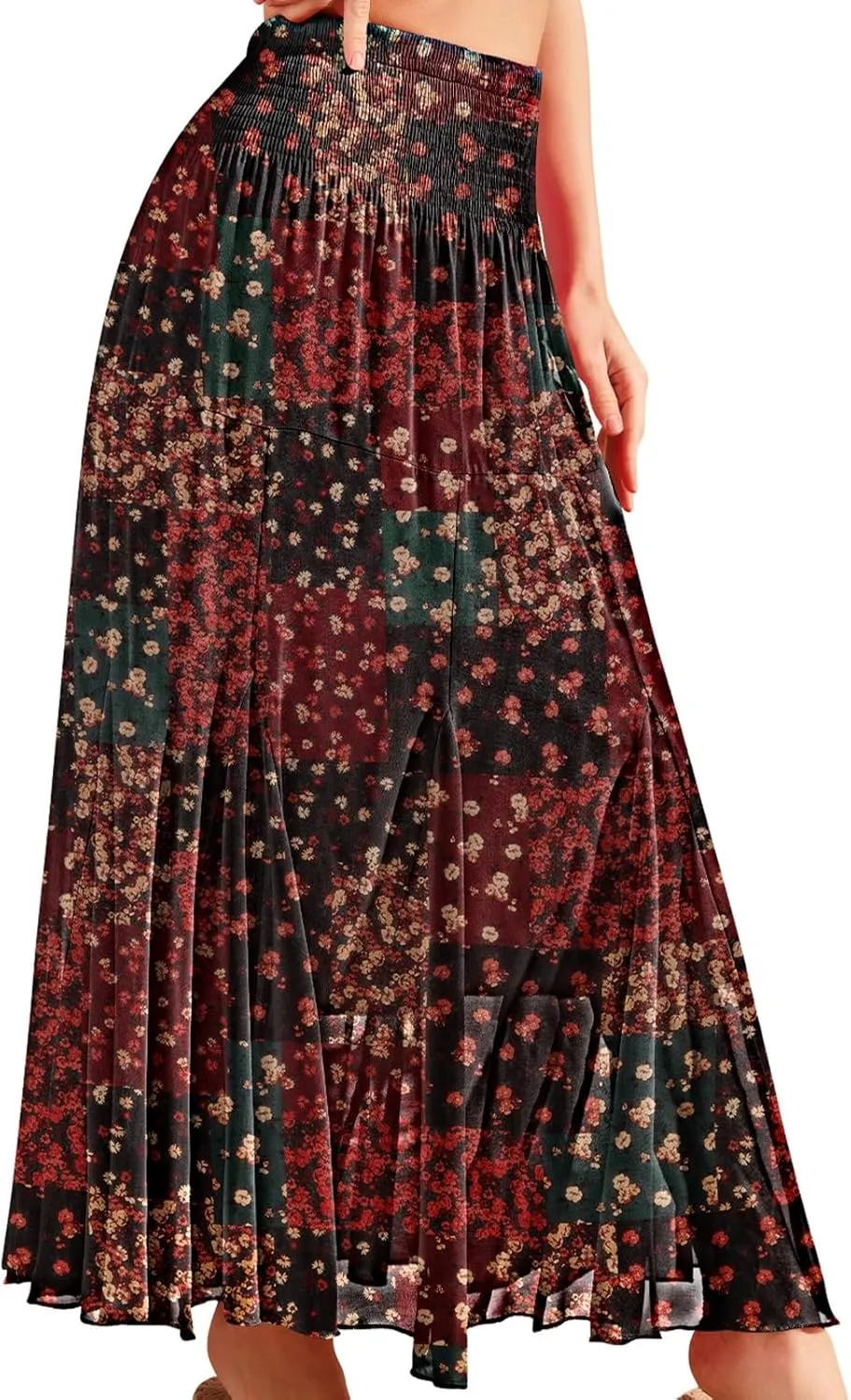 CYiNu Womens Long Maxi Skirt Chiffon Elastic High Waist Tiered Pleated Floral Printed A-Line Boho Long Skirts for Women