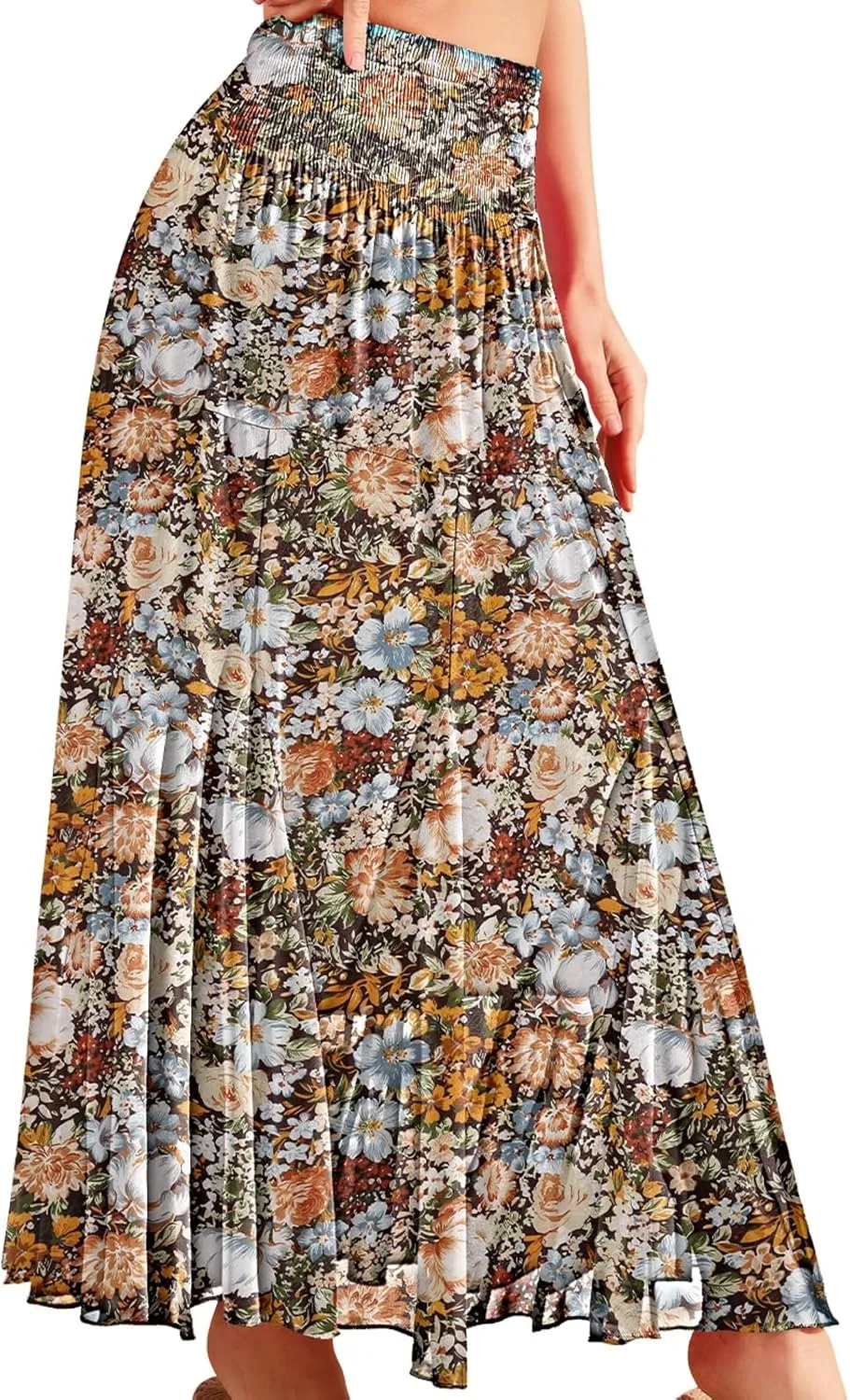 CYiNu Womens Long Maxi Skirt Chiffon Elastic High Waist Tiered Pleated Floral Printed A-Line Boho Long Skirts for Women