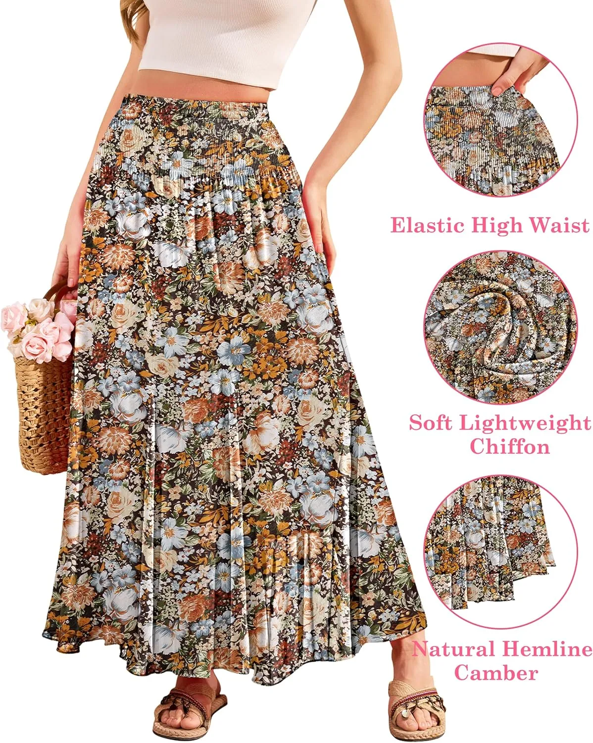 CYiNu Womens Long Maxi Skirt Chiffon Elastic High Waist Tiered Pleated Floral Printed A-Line Boho Long Skirts for Women