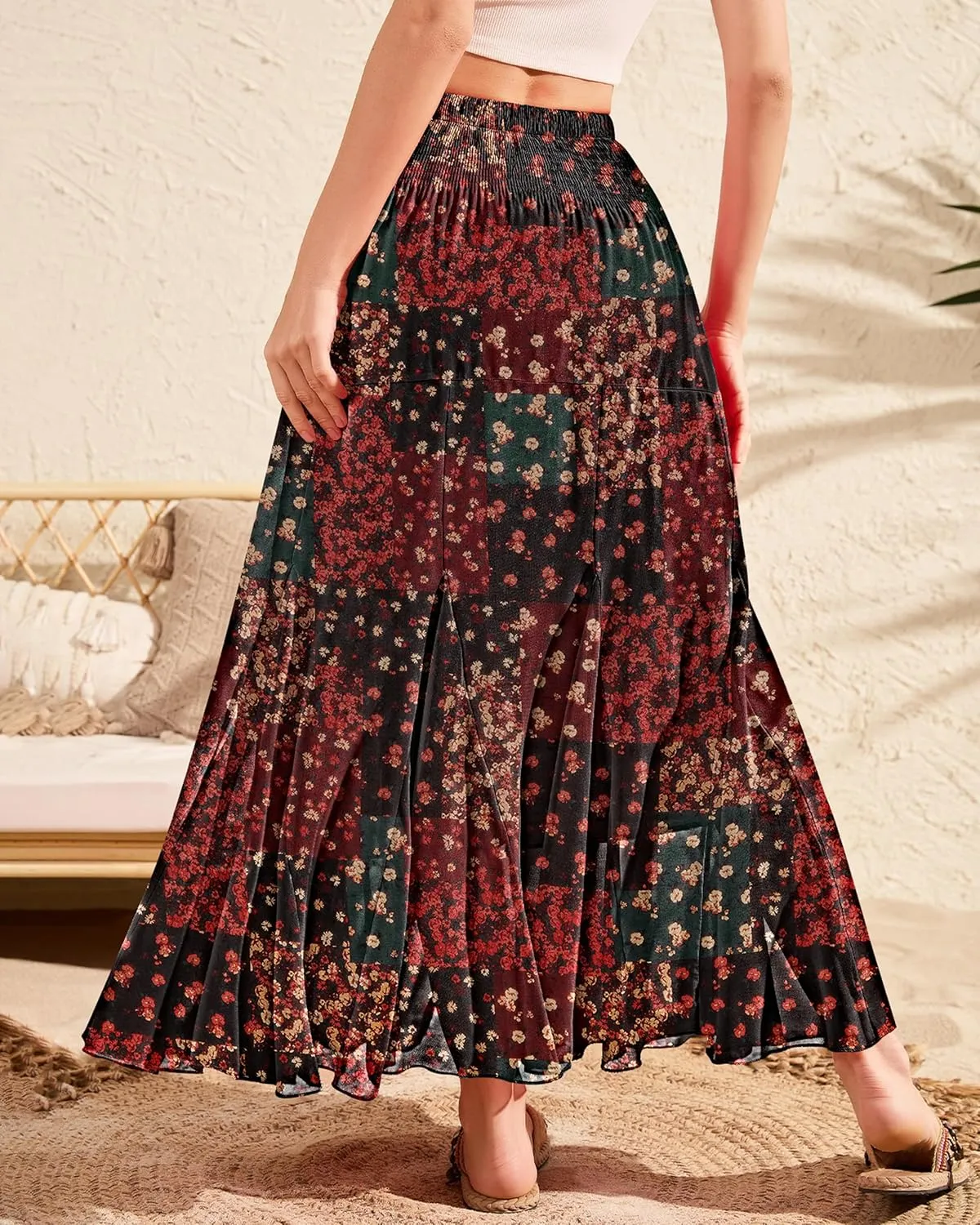 CYiNu Womens Long Maxi Skirt Chiffon Elastic High Waist Tiered Pleated Floral Printed A-Line Boho Long Skirts for Women