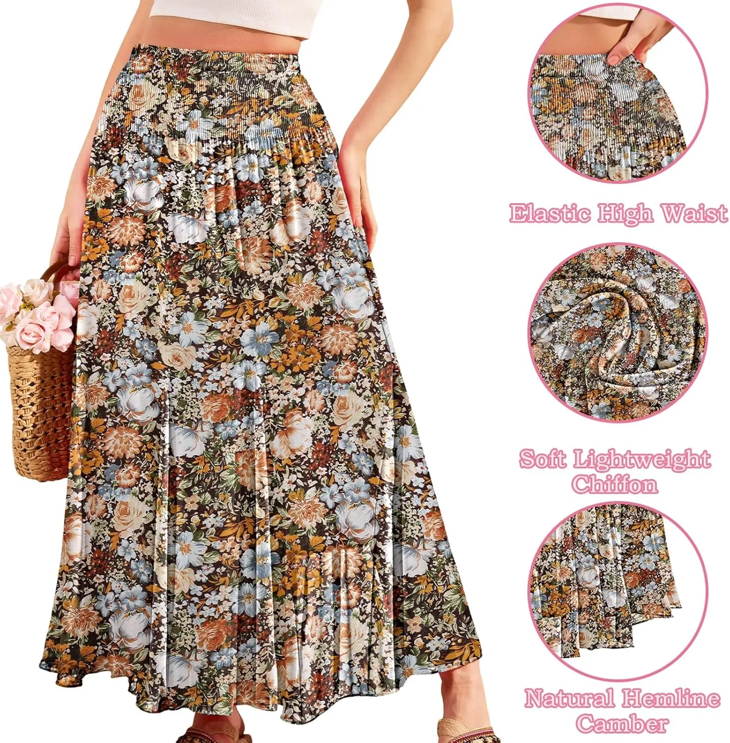CYiNu Womens Long Maxi Skirt Chiffon Elastic High Waist Tiered Pleated Floral Printed A-Line Boho Long Skirts for Women