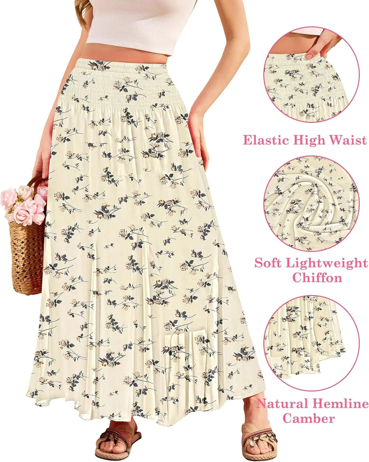 CYiNu Womens Long Maxi Skirt Chiffon Elastic High Waist Tiered Pleated Floral Printed A-Line Boho Long Skirts for Women