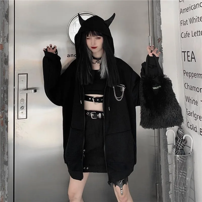 Devil Horn Zip Up Hooded Jacket: Gothic Rock Fashion