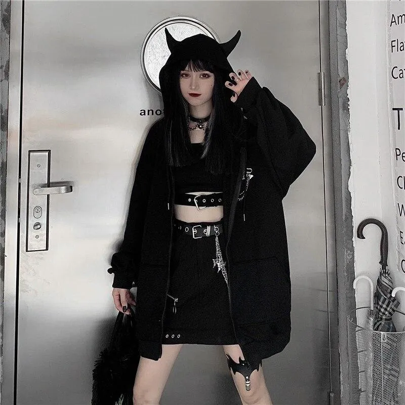 Devil Horn Zip Up Hooded Jacket: Gothic Rock Fashion