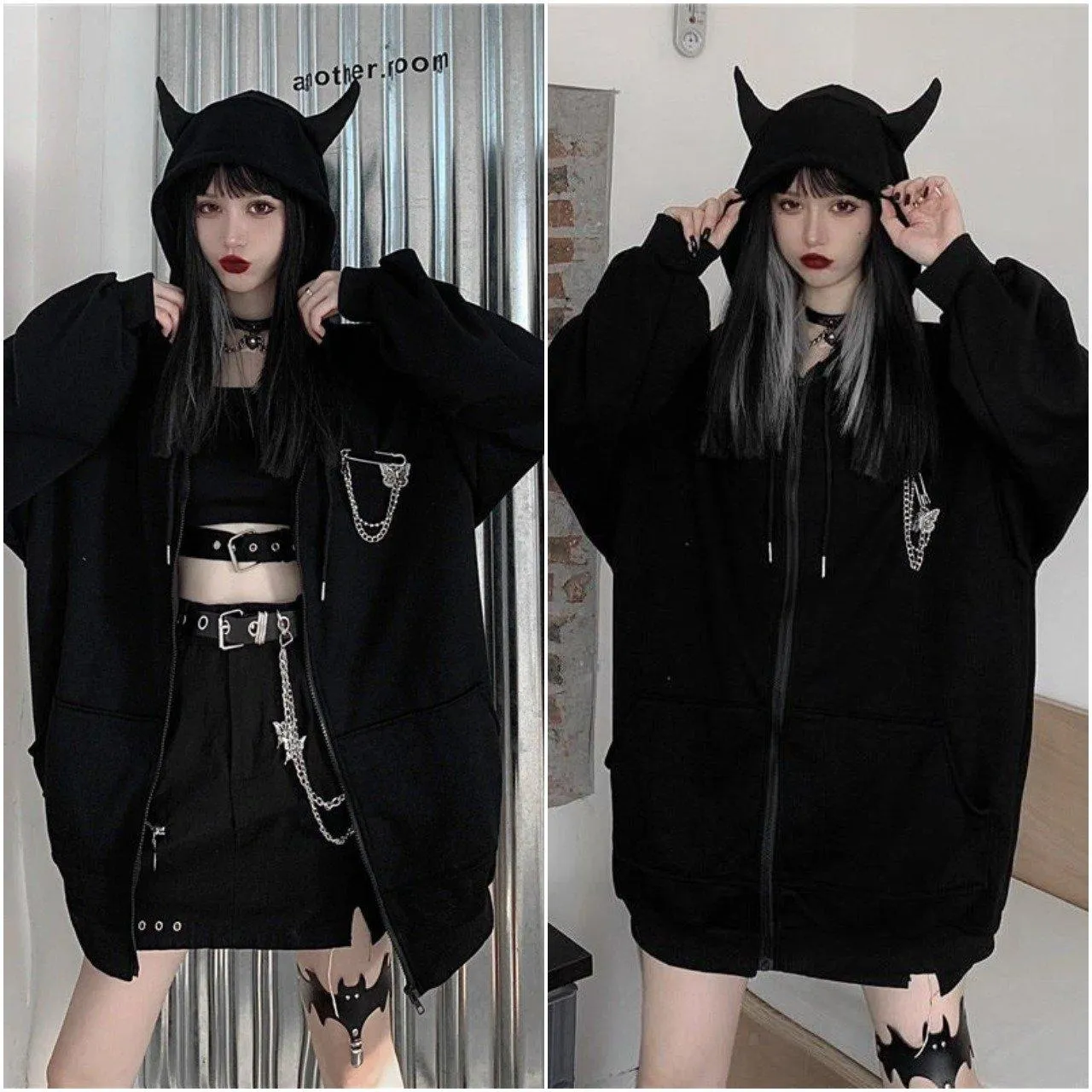 Devil Horn Zip Up Hooded Jacket: Gothic Rock Fashion