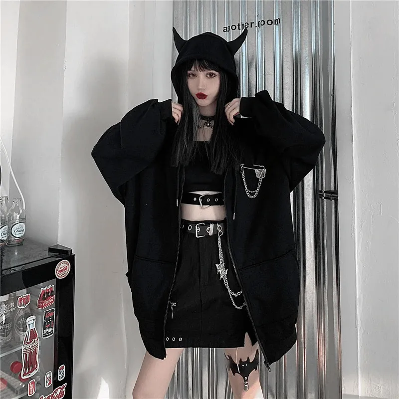 Devil Horn Zip Up Hooded Jacket: Gothic Rock Fashion