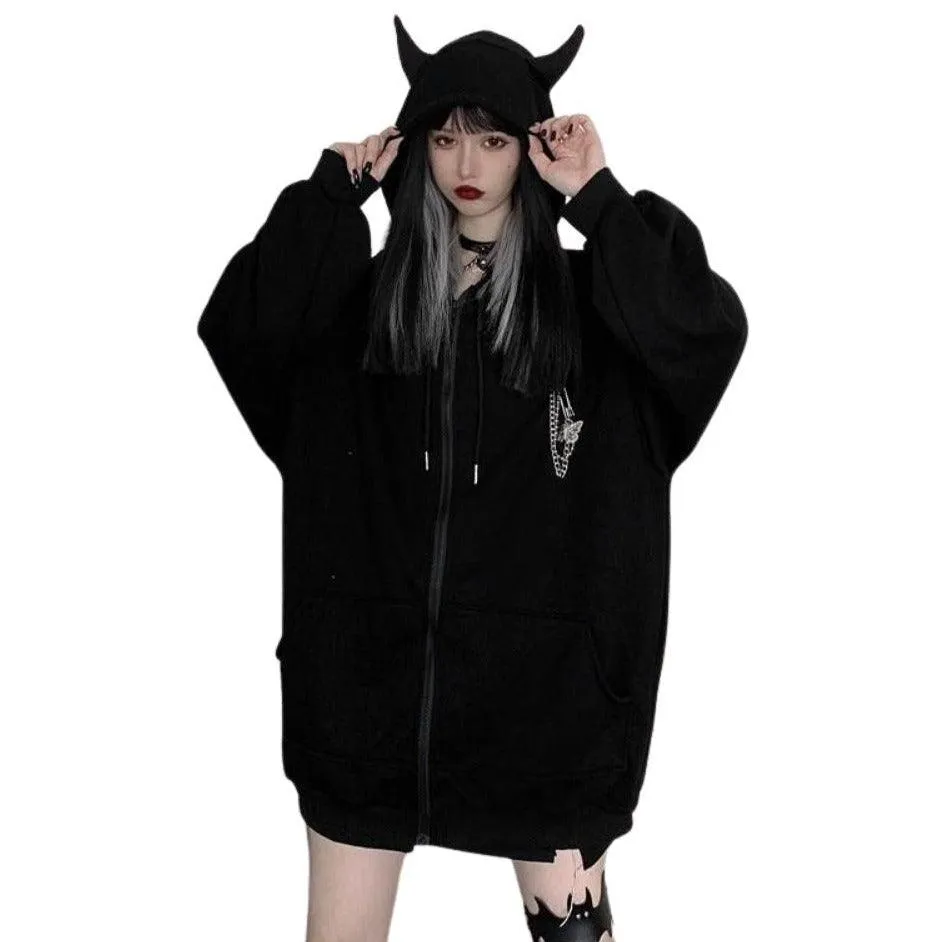 Devil Horn Zip Up Hooded Jacket: Gothic Rock Fashion