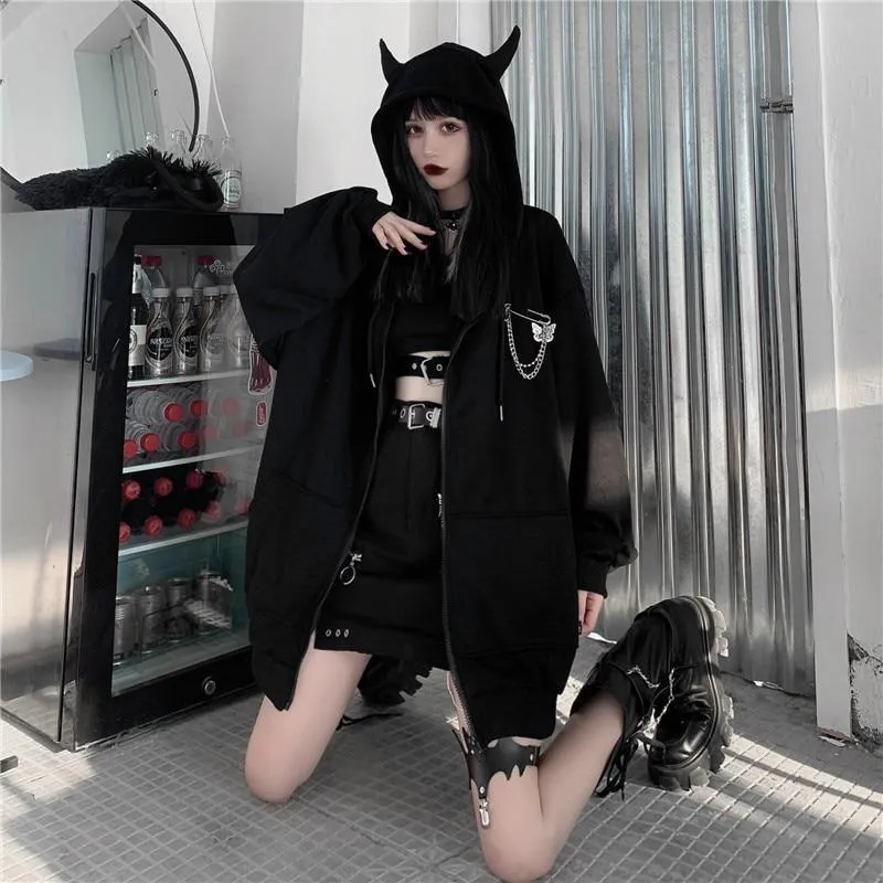 Devil Horn Zip Up Hooded Jacket: Gothic Rock Fashion