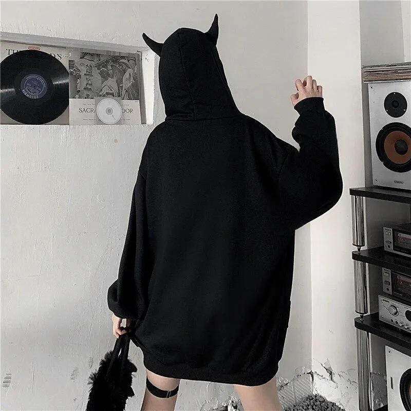 Devil Horn Zip Up Hooded Jacket: Gothic Rock Fashion
