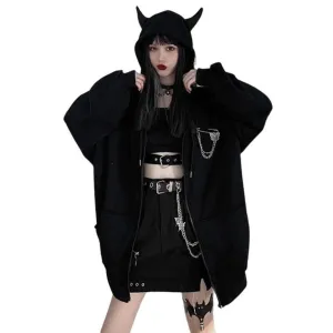 Devil Horn Zip Up Hooded Jacket: Gothic Rock Fashion