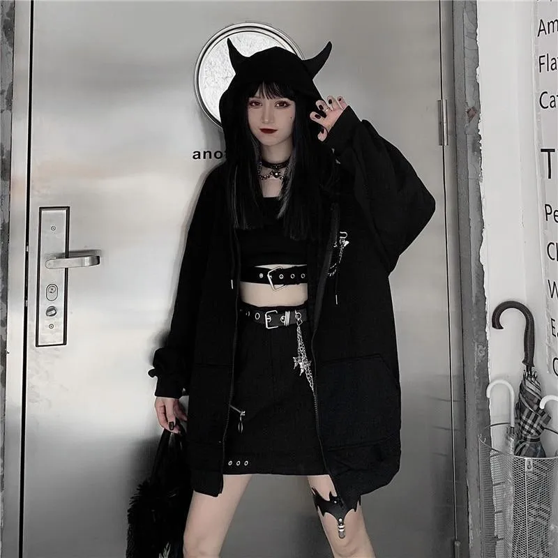 Devil Horn Zip Up Hooded Jacket: Gothic Rock Fashion