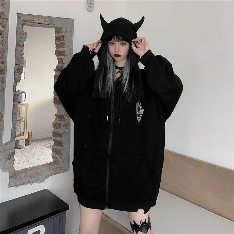 Devil Horn Zip Up Hooded Jacket: Gothic Rock Fashion