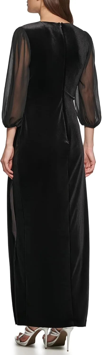 DKNY womens Velvet Maxi Chiffon Sleeve Dress