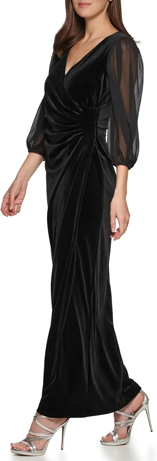 DKNY womens Velvet Maxi Chiffon Sleeve Dress