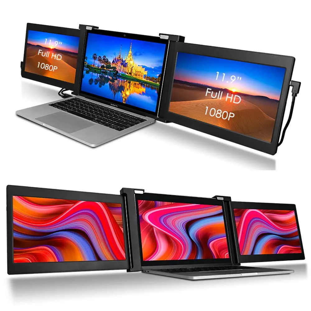 Dual Portable Triple Fold 1080P IPS FHD Monitor Screen Extender For Laptop 1 Cable for 2 Displays 11.6" 12“ 13.3" 14"