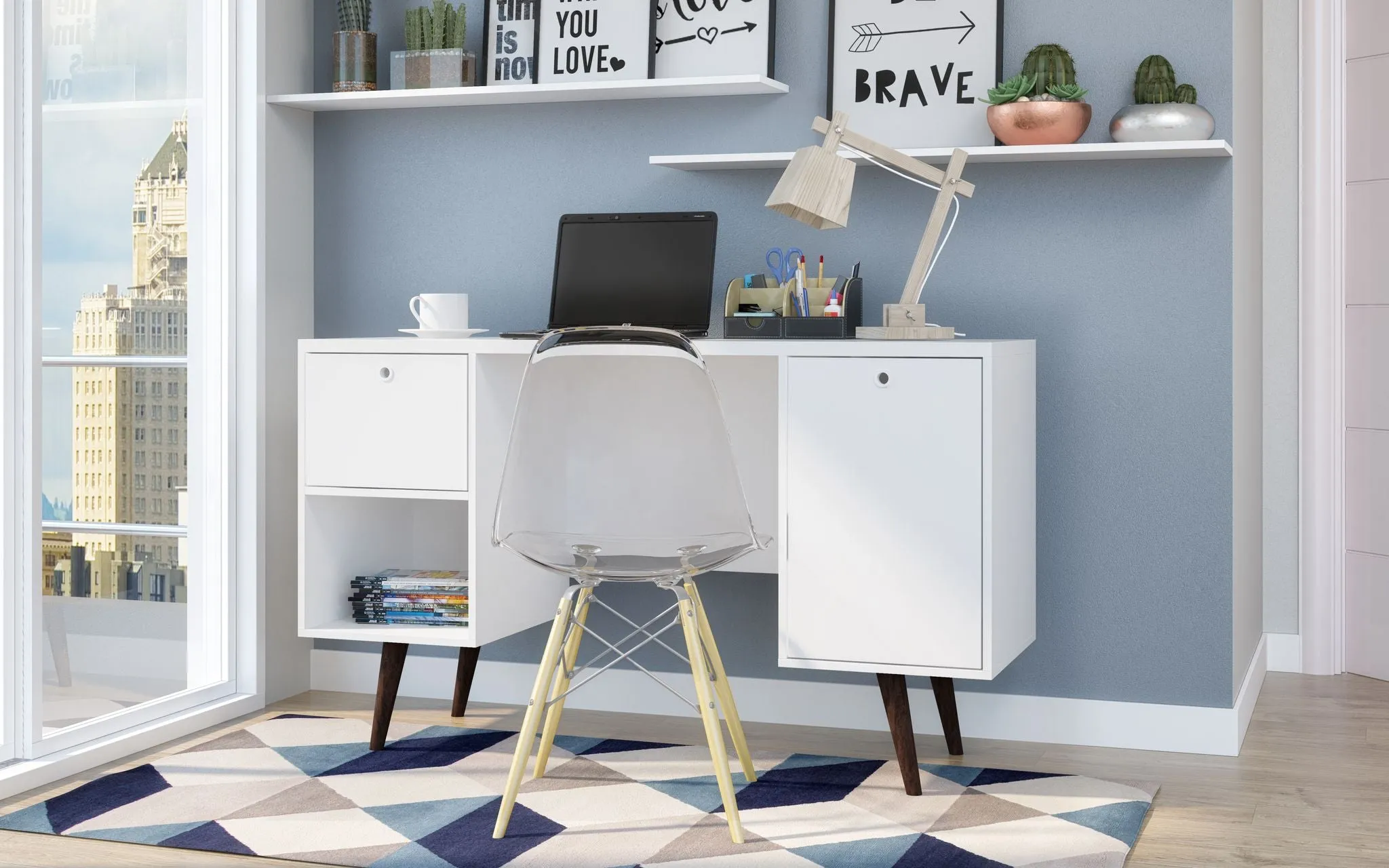 Edgar 1-Drawer Mid-Century Office Desk in White